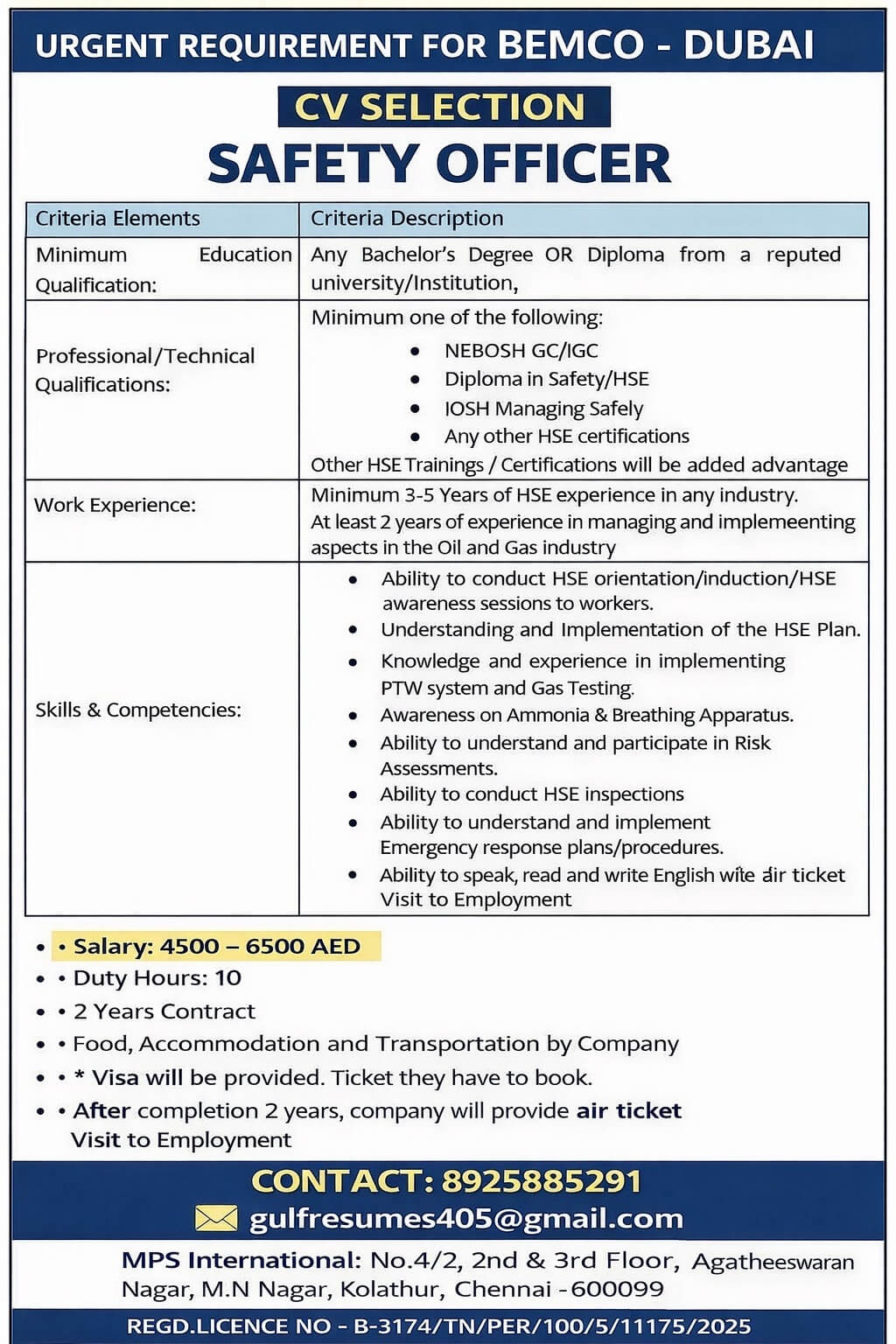 URGENT REQUIREMENT FOR BEMCO – DUBAI CV SELECTION