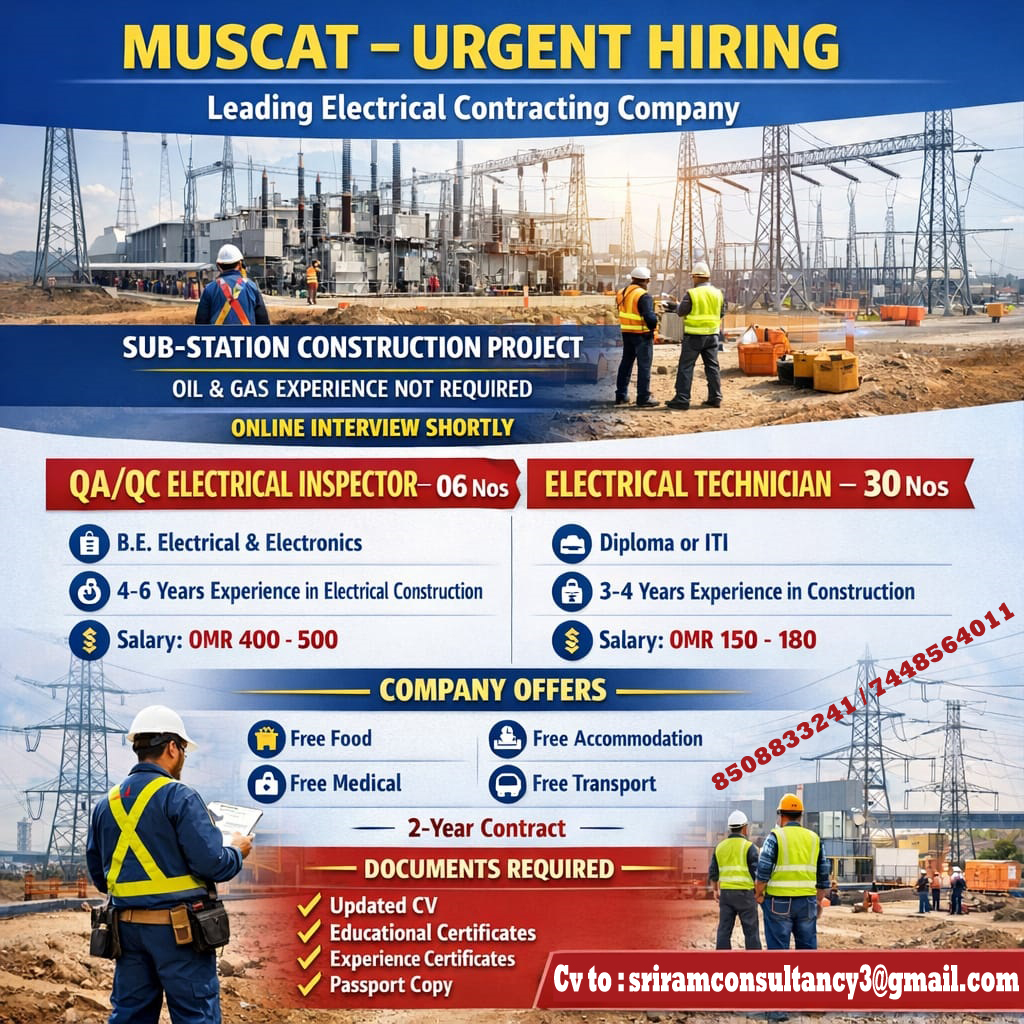 A LEADING ELECTRICAL CONTRACTING COMPANY REQUIRES THE FOLLOWING AT MUSCAT