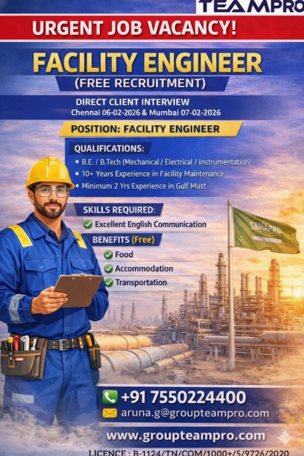 ? Urgent Hiring | Facility Engineer – Saudi Arabia ?? (Free Recruitment)