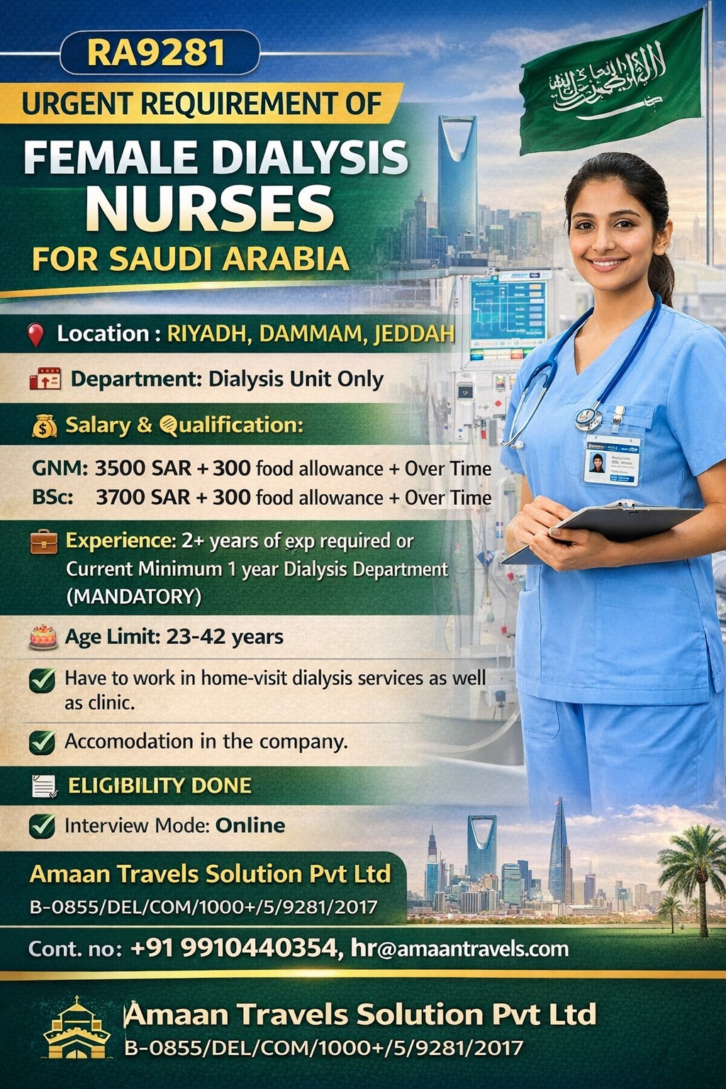 HIRING FEMALE DIALYSIS NURSES FOR SAUDI ARABIA