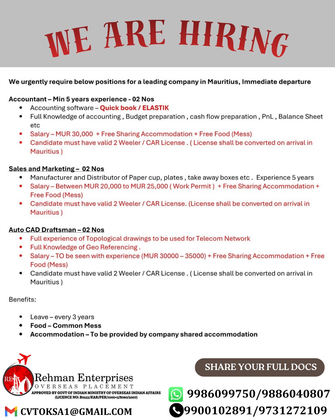 HIRING FOR MAURITIUS