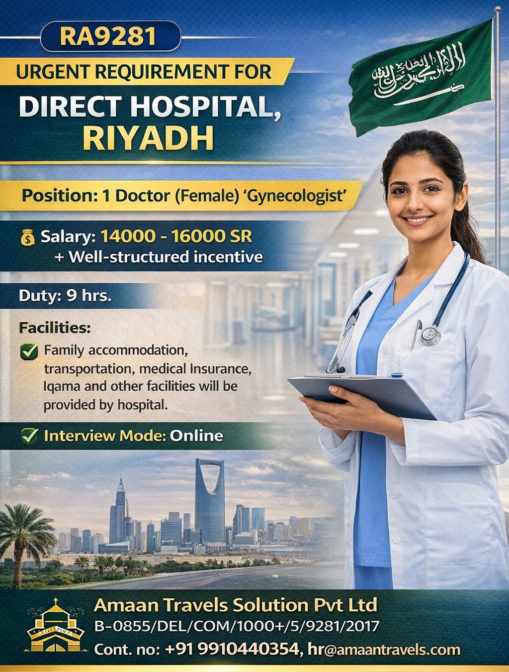 HIRING FOR DIRECT HOSPITAL  -  Doctor (Female) Gynaecologist