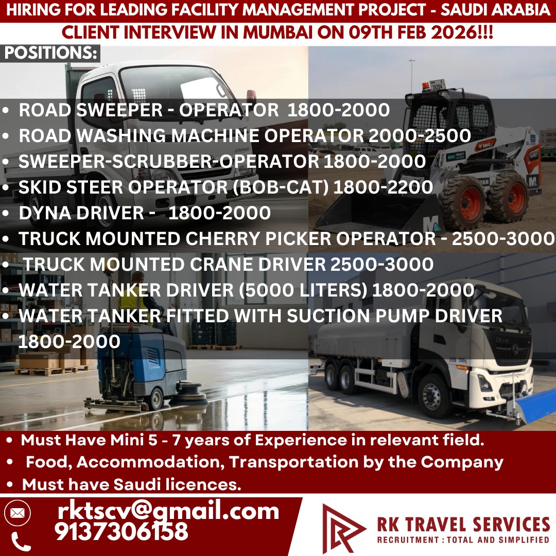 HIRING FOR LEADING FACILITY MANAGEMENT PROJECT - SAUDI ARABIA CLIENT INTERVIEW IN MUMBAI ON 09TH FEB 2026!!!