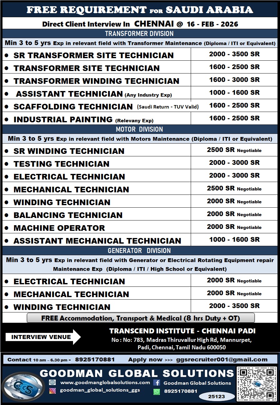 SAUDI ARABIA - TRANSFORMER DIVISION PROJECT ( LONG TERM )  DIRECT CLIENT INTERVIEW IN CHENNAI @16-02-2026