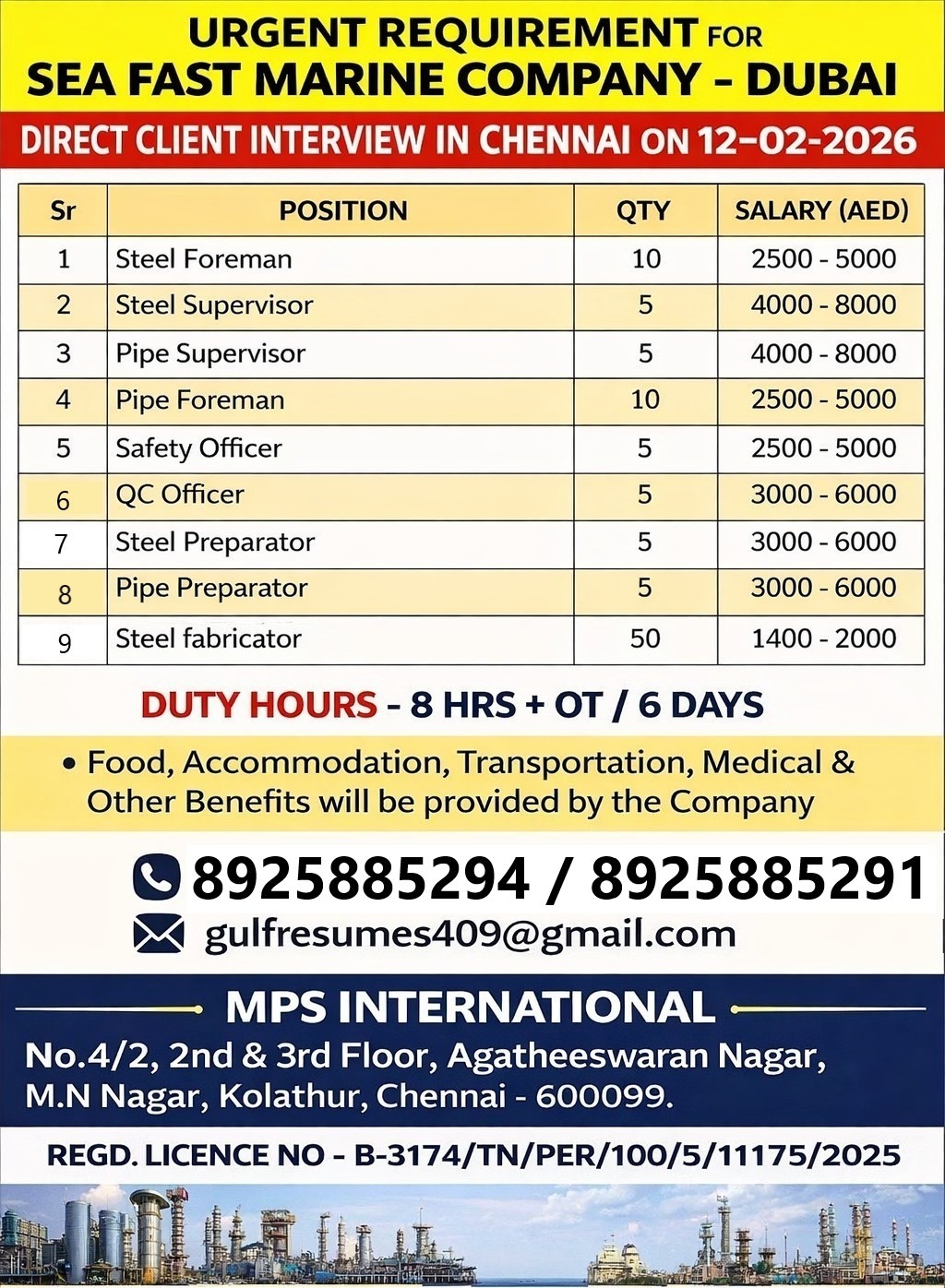 URGENT REQUIREMENT FOR SEA FAST MARINE COMPANY – DUBAI DIRECT CLIENT INTERVIEW IN CHENNAI ON 12-02-2026