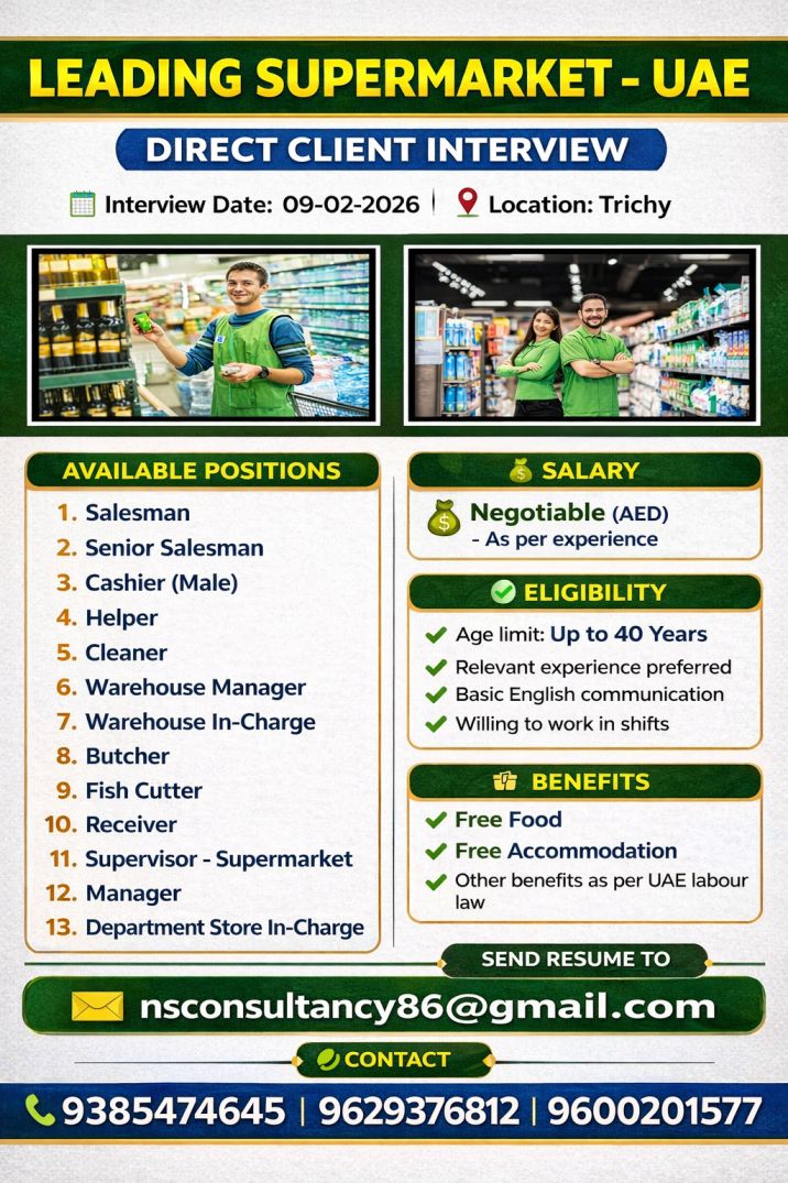 UAE Supermarket Job Vacancies – Salesman, Cashier, Helper