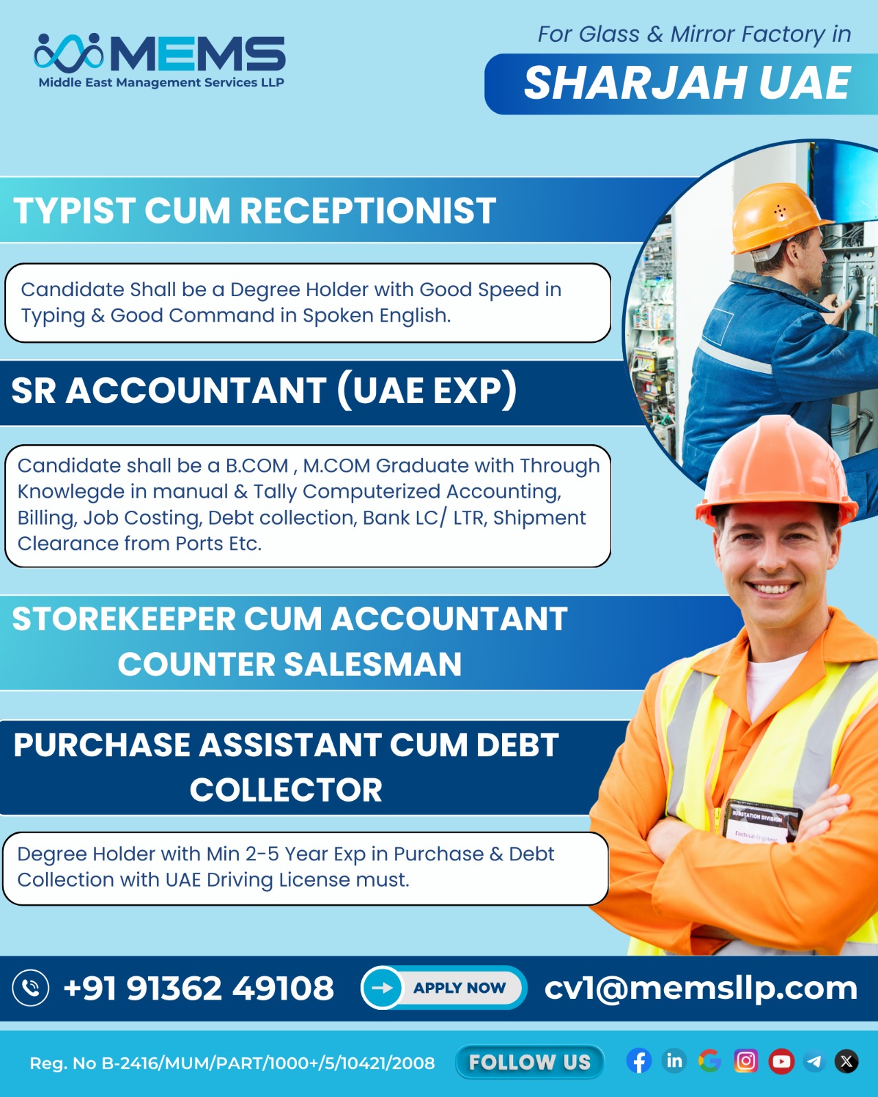 We are hiring for Glass & Mirror Factory in Sharjah UAE