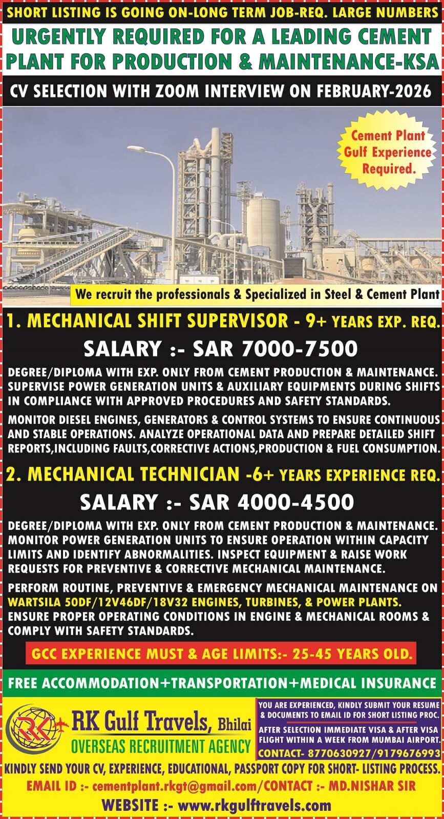 HIRING FOR A LEADING CEMENT MANUFACTURING COMPANY - SAUDI ARABIA