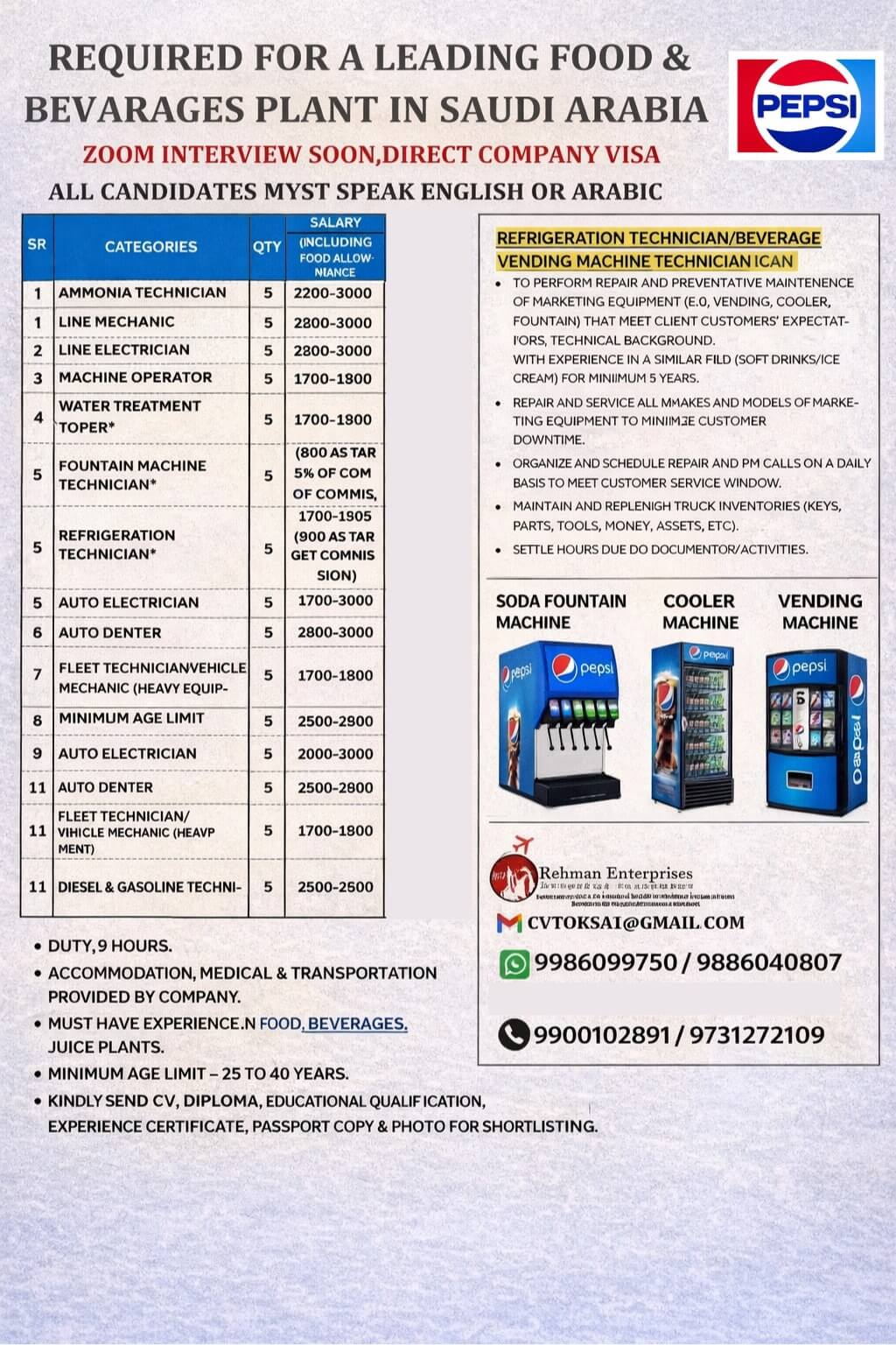 URGENT HIRING FOR FOOD AND BEVARAGES COMPANY IN SAUDI ARABIA URGENT HIRING FOR FOOD AND BEVARAGES COMPANY IN SAUDI ARABIA