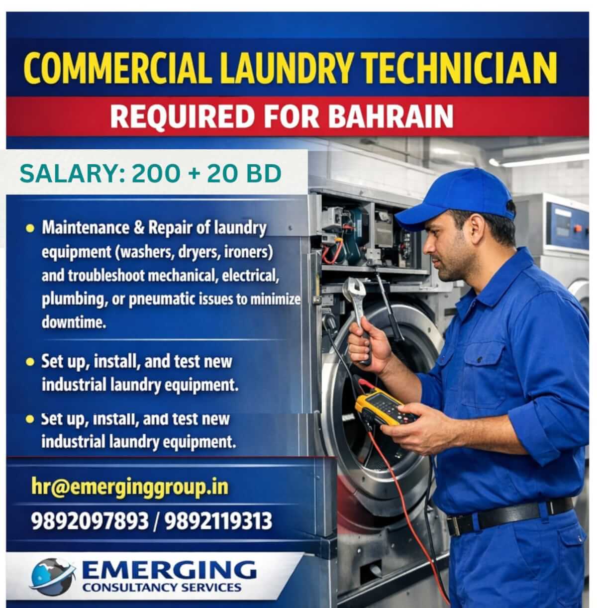 COMMERCIAL LAUNDRY TECHNICIAN REQUIRED FOR BAHRAIN COMMERCIAL LAUNDRY TECHNICIAN REQUIRED FOR BAHRAIN