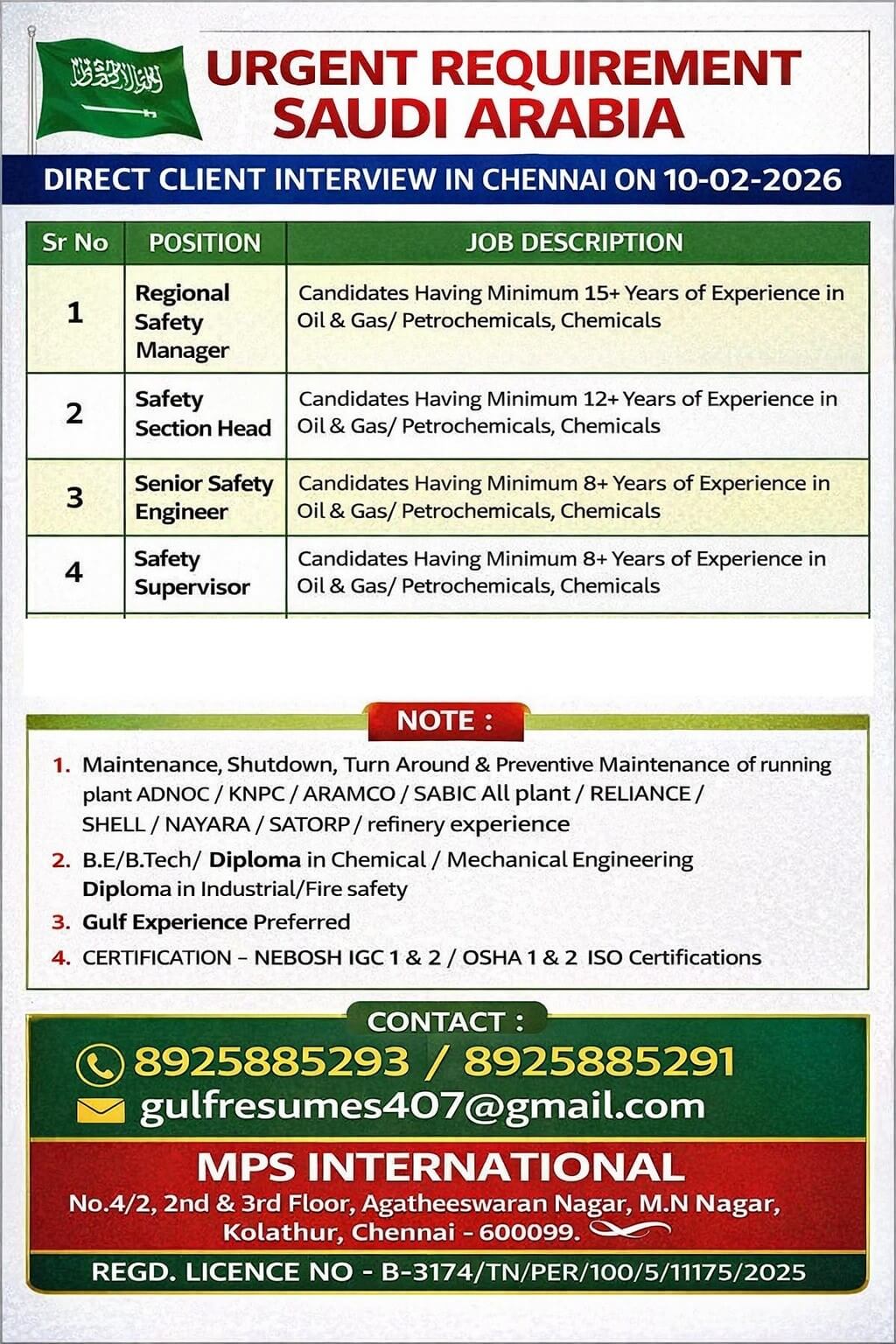 URGENT REQUIREMENT – SAUDI ARABIA Direct Client Interview in Chennai on: 10-02-2026