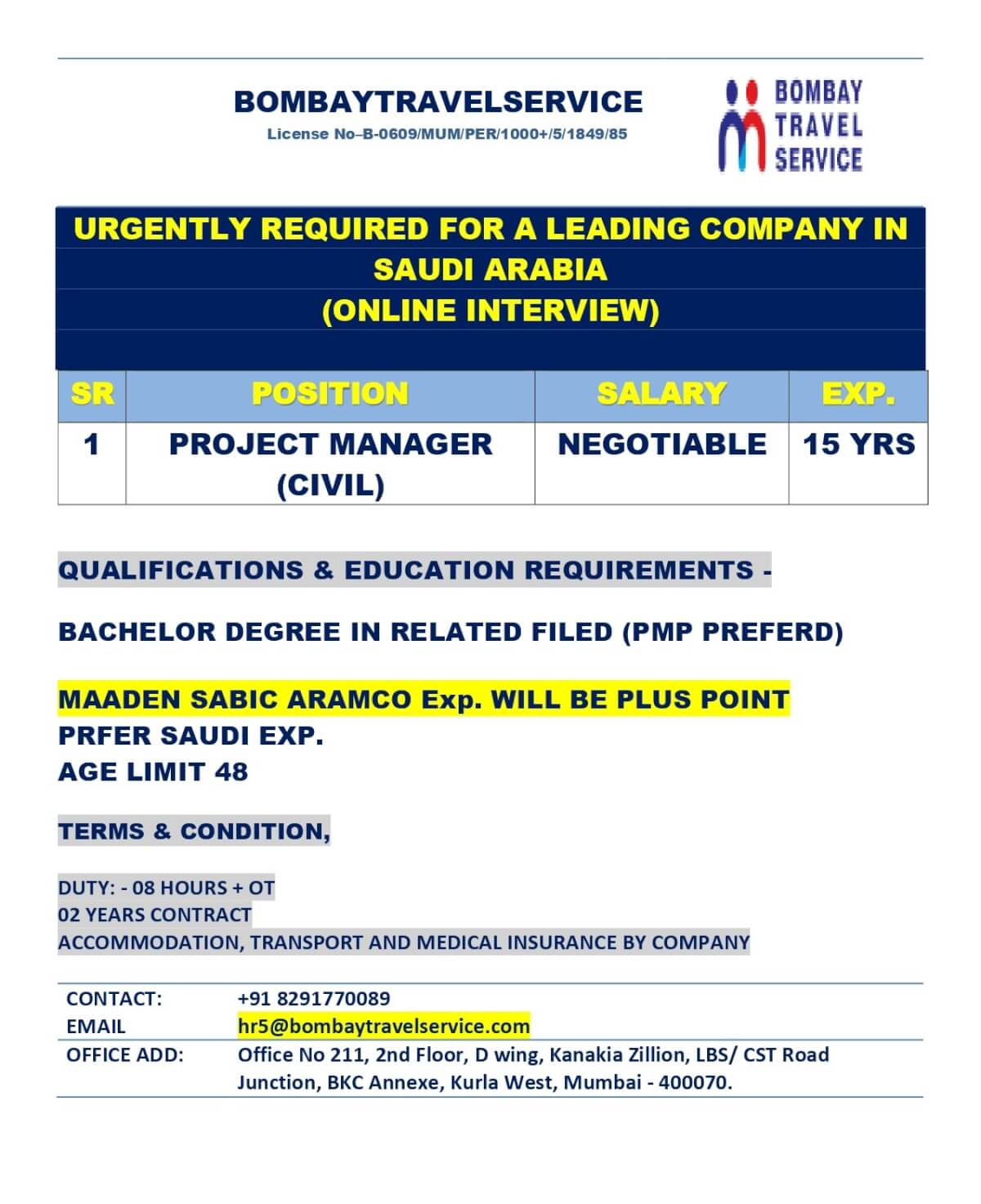 URGEMTLY REQUIRED PROJECT MANAGER  CIVIL FOR SAUDI ARABIA