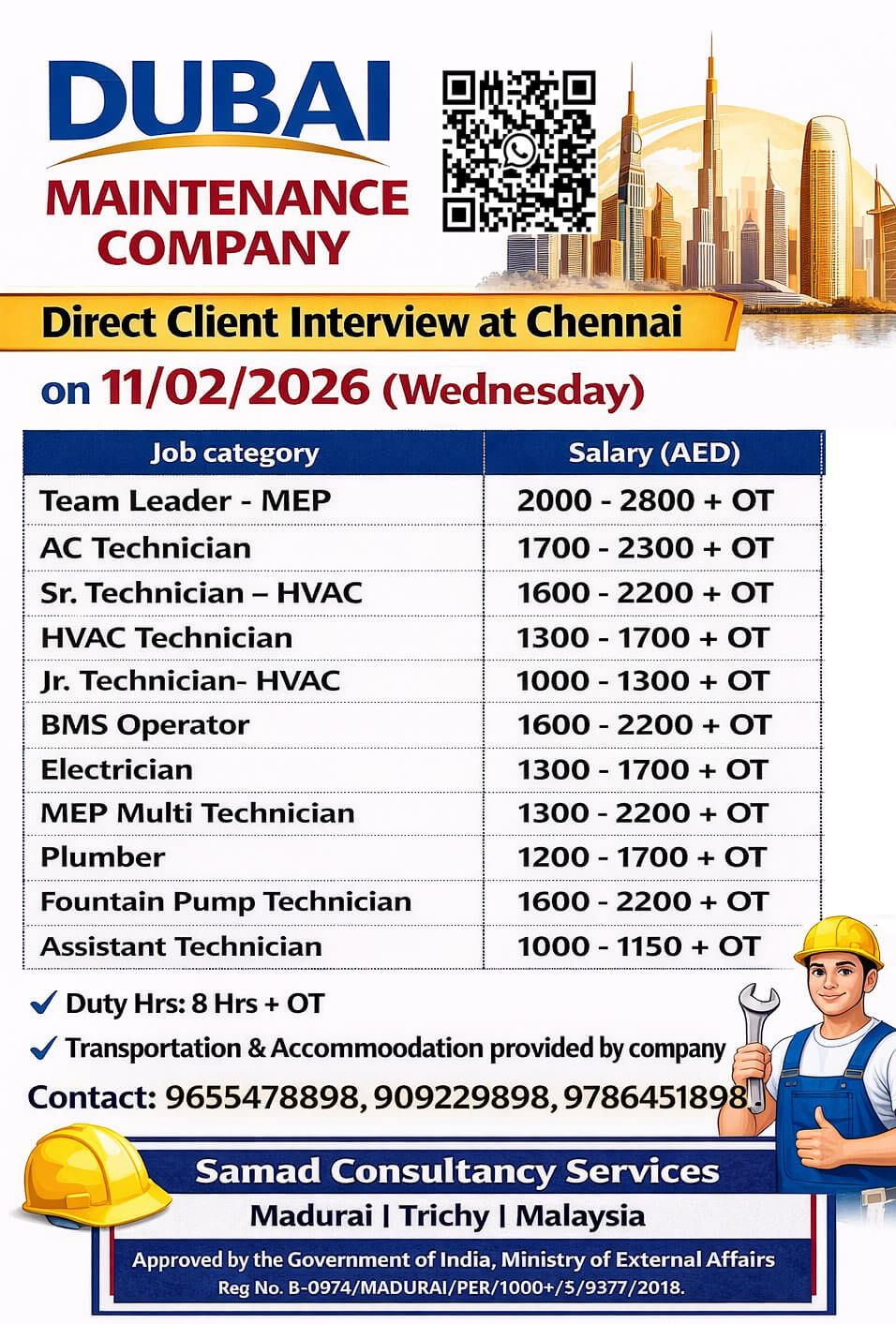 Dubai Maintenance Company,  Direct Client Interview at Chennai on 11/02/2026 (Wednesday).