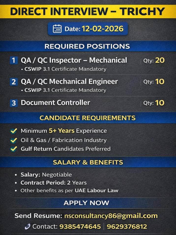QA/QC Mechanical Jobs – Direct Interview Trichy
