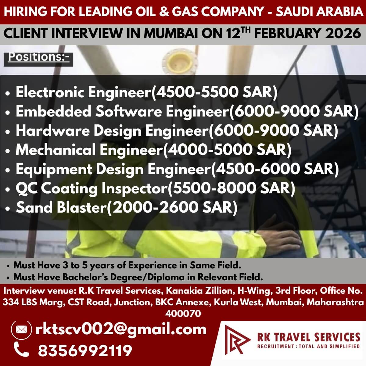 HIRING FOR LEADING OIL & GAS COMPANY - SAUDI ARABIA CLIENT INTERVIEW IN MUMBAI ON 12TH FEBRUARY 2026