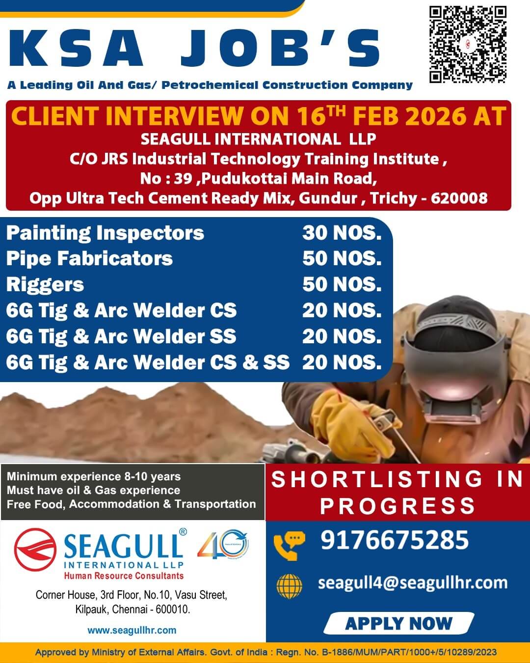 VERY URGENT REQUIREMENTS FOR OIL & GAS LONG TIME PROJECT AT SAUDI ARABIA - KSA