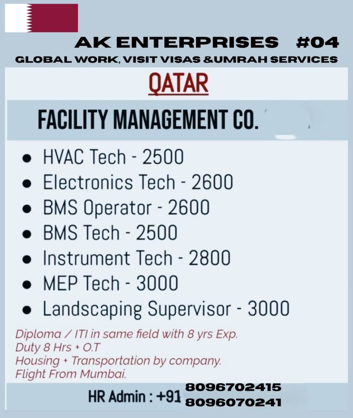 Facility Management Company Hiring Multiple Technicians for Qatar Requirement