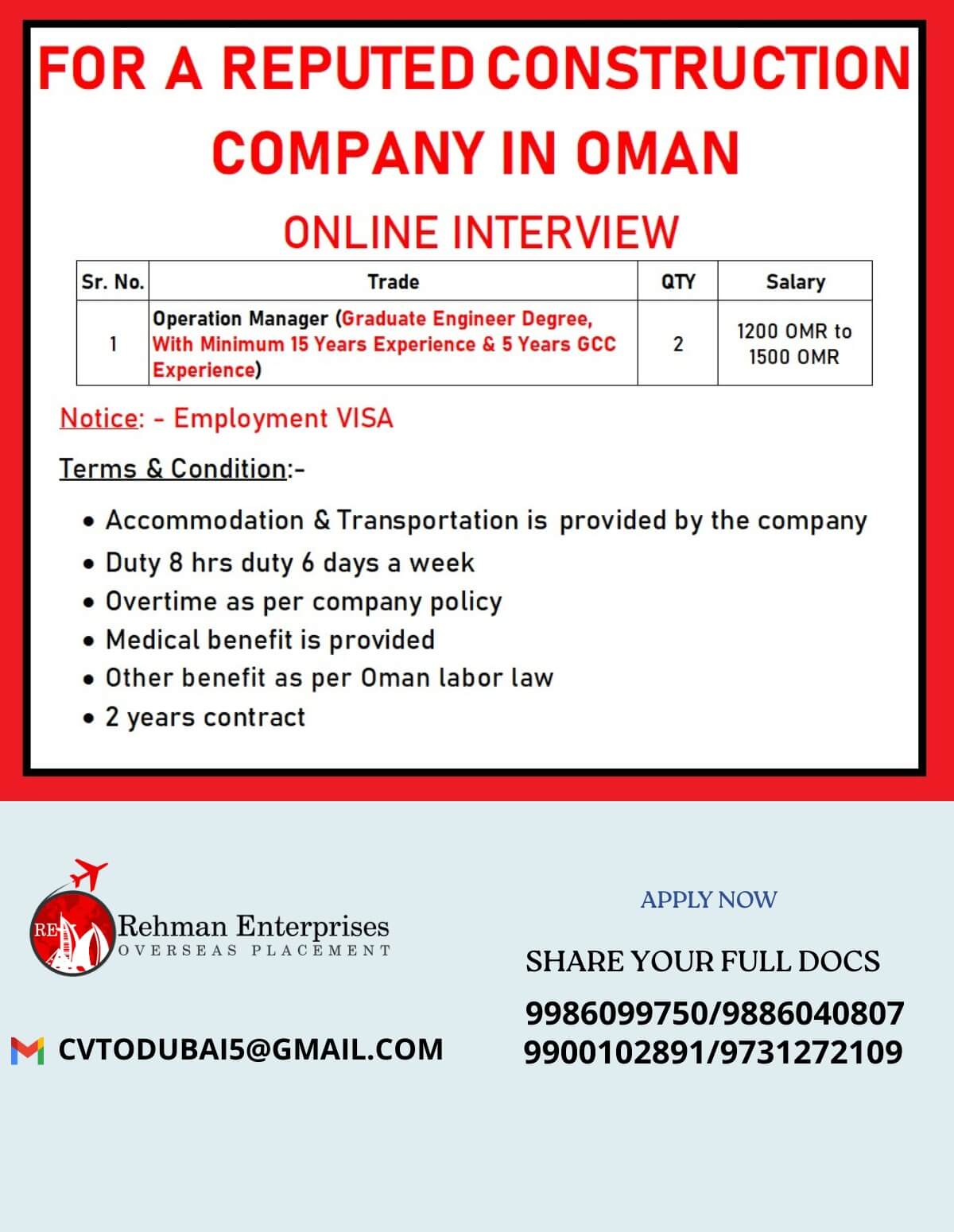 HIRING FOR REPUTED CONSTRUCTION COMPANY IN OMAN
