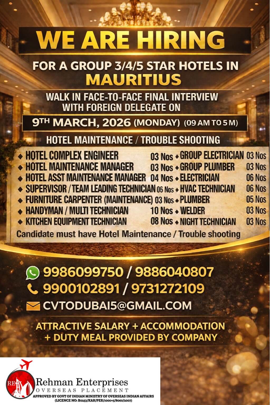 HIRING FOR A GROUP OF STAR HOTELS IN MAURITIUS