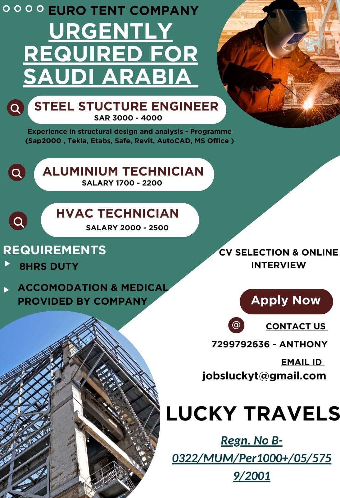 Urgently Hiring for Saudi European Tent Company / CV Selection & ONline Interview/ Contact on 7299792636