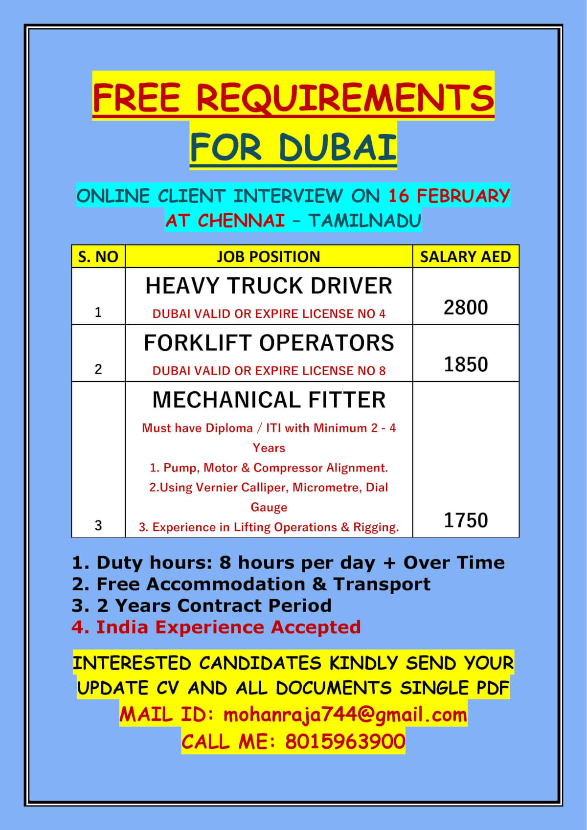 FREE REQUIREMENTS FOR DUBAI - ONLINE CLIENT INTERVIEW ON 16 FEBRUARY AT CHENNAI – TAMILNADU