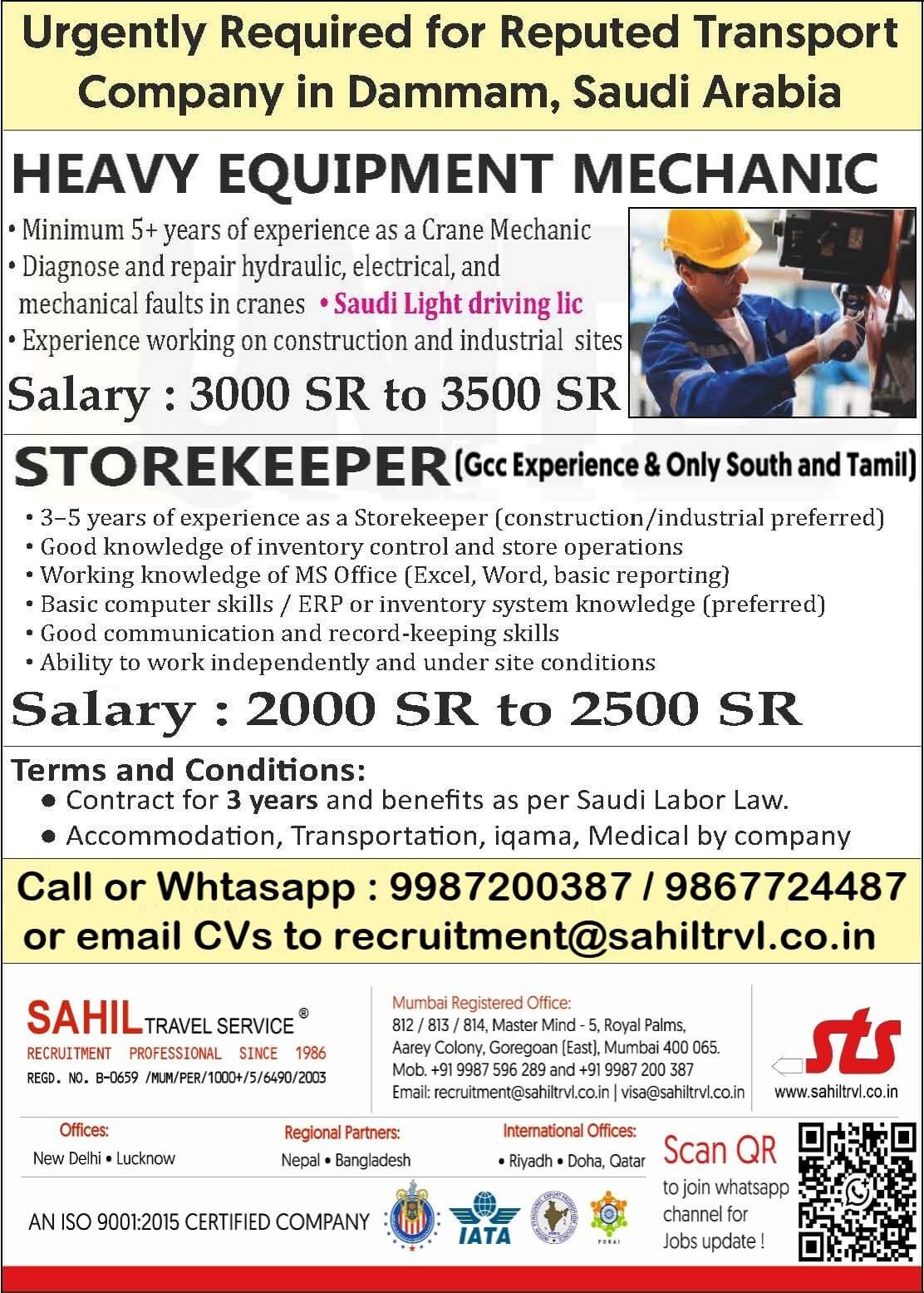 URGENTLY REQUIRED FOR REPUTED TRANSPORT COMPANY IN DAMMAM SAUDI ARABIA