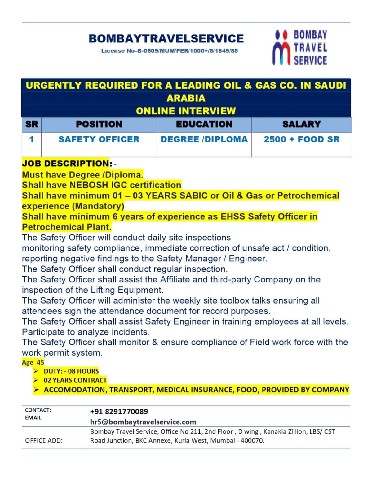 URGENTLY HIRING SAFETY OFFICER FOR SAUDI ARABAI