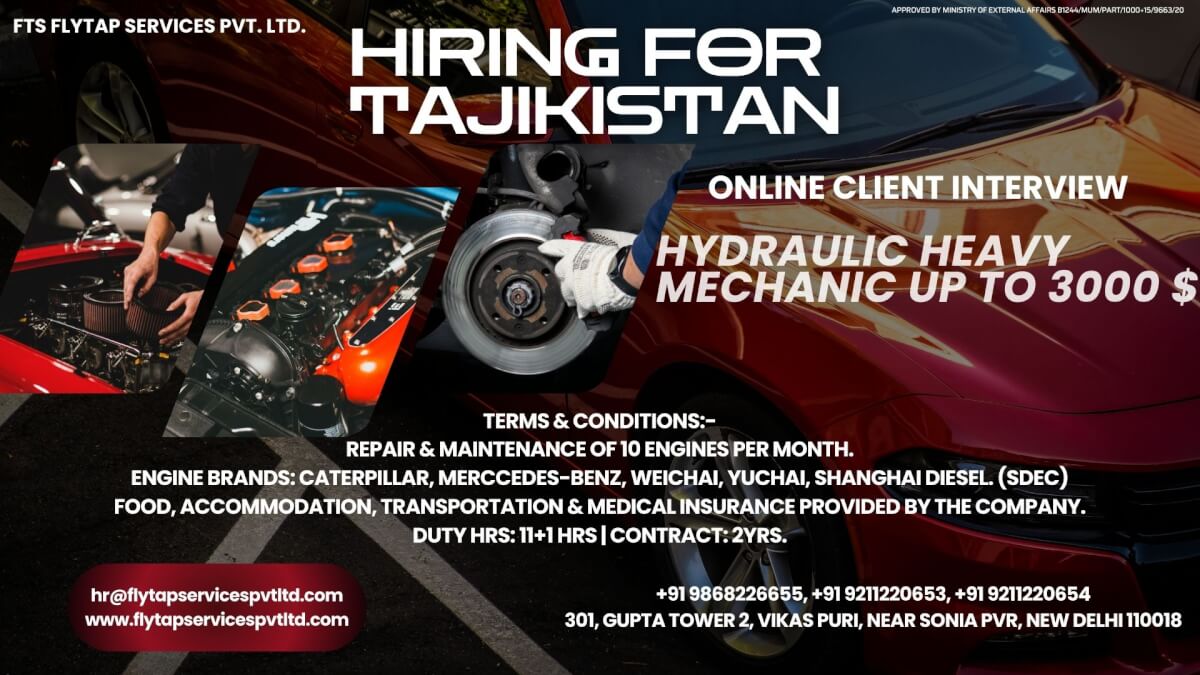 ? Urgent Hiring – Tajikistan Hydraulic Heavy Mechanic Salary Up To $3,000 USD | 2-Year Contract