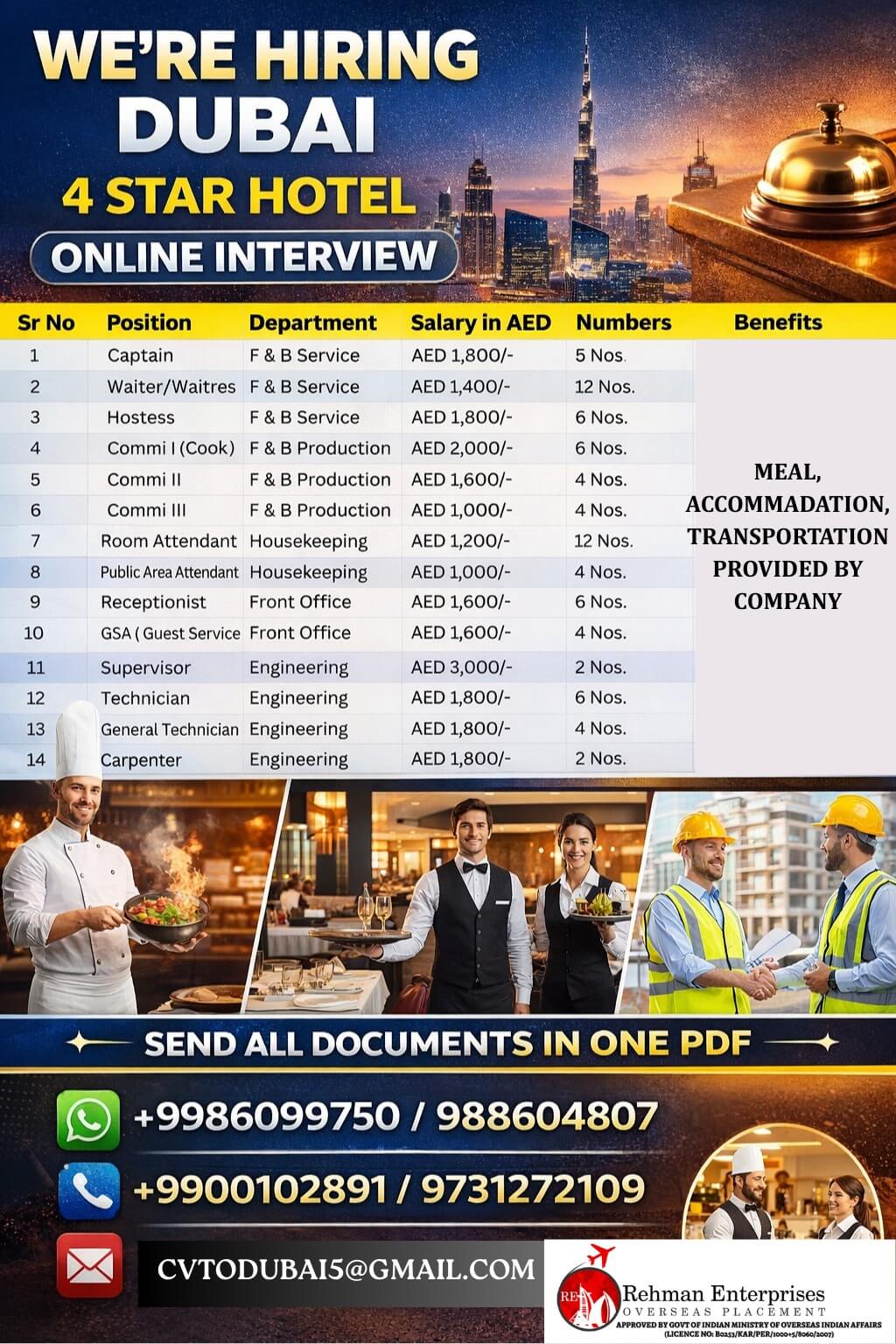 HIRING FOR 4 STAR HOTEL IN DUBAI-ONLINE INTERVIEW
