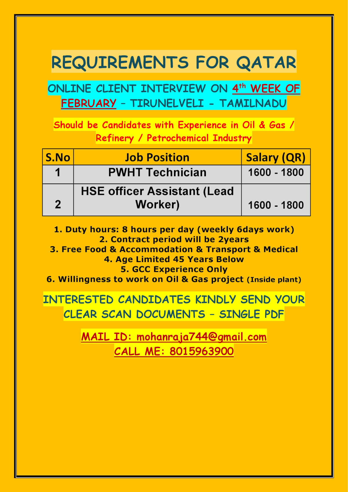 REQUIREMENTS FOR QATAR - ONLINE CLIENT INTERVIEW ON 4th WEEK OF FEBRUARY – TIRUNELVELI - TAMILNADU