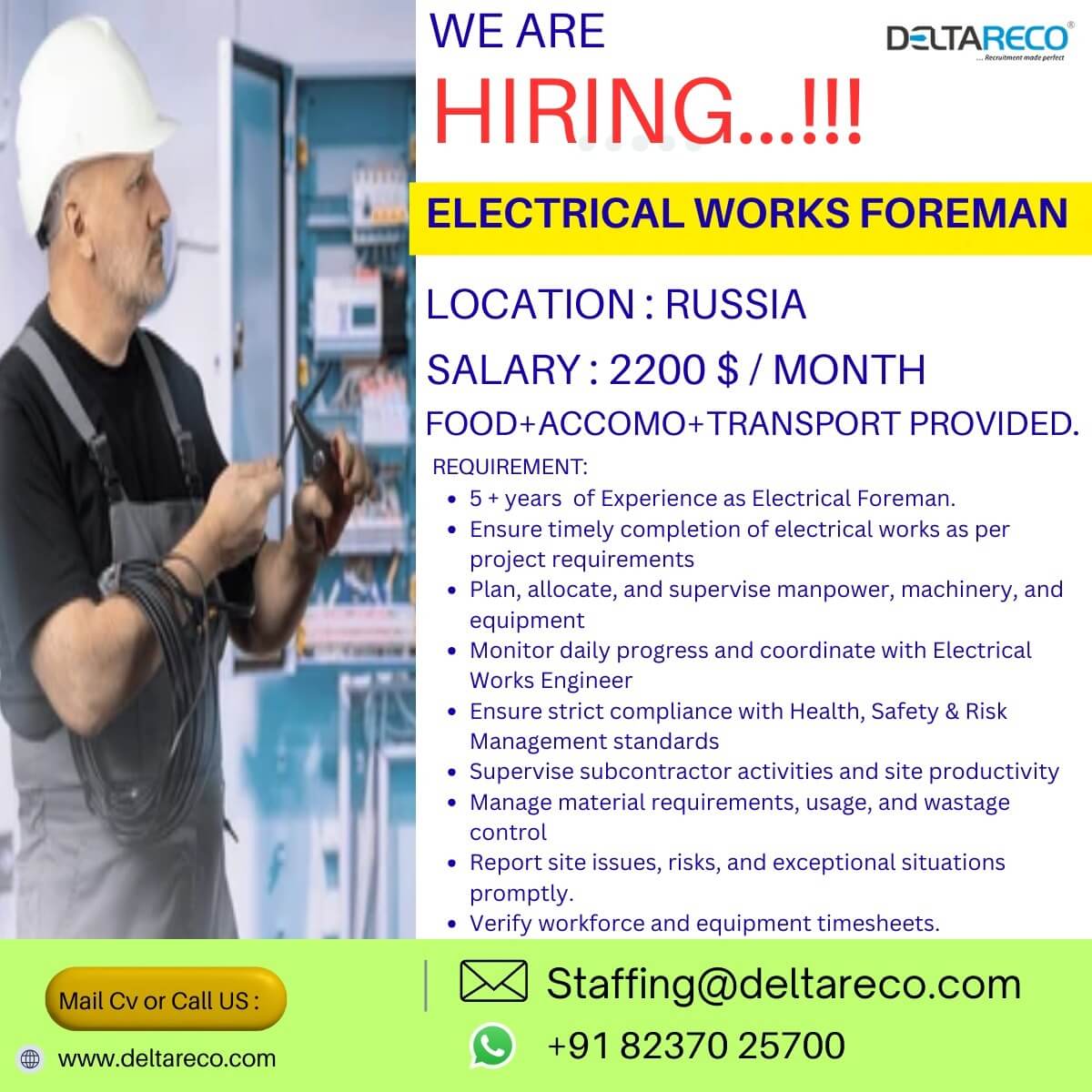 Hiring Electrical Works foreman for Russia