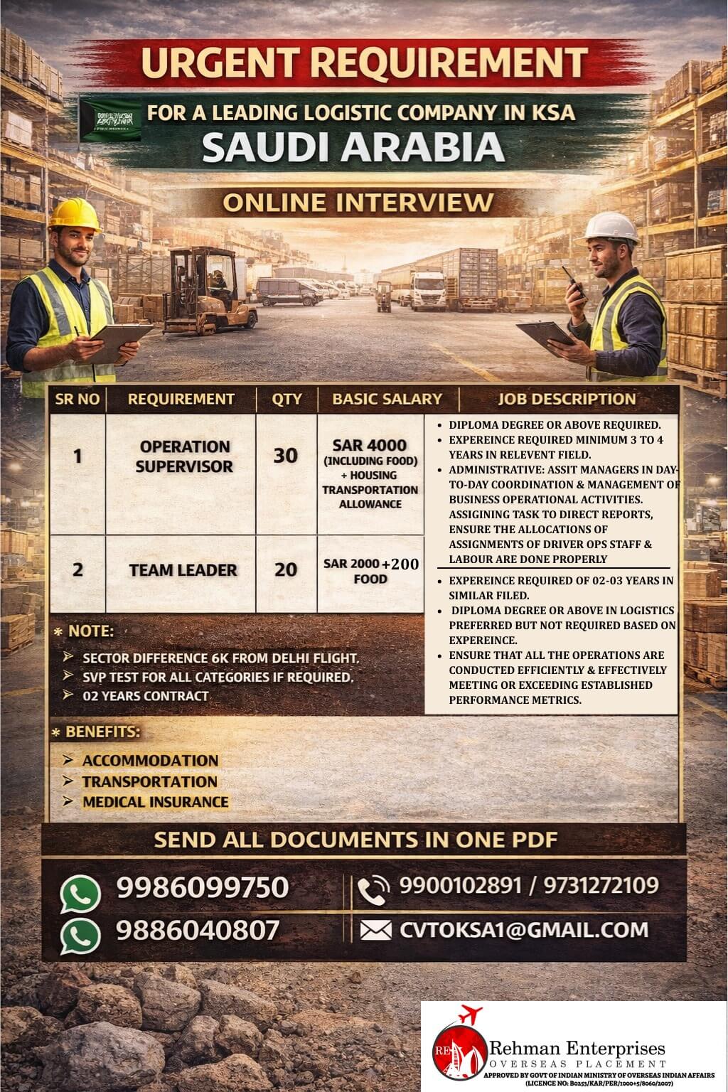 URGENT REQUIREMENT FOR A LEADING LOGISTICK COMPANY IN SAUDI ARABIA