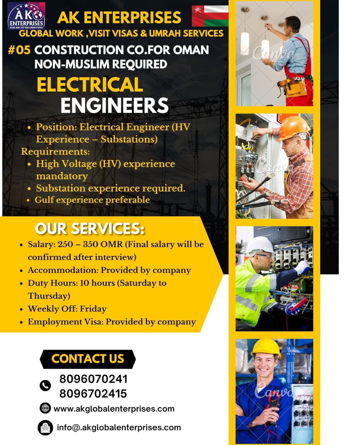 Job Opportunities for Construction co. – Oman-Electrical Engineers, Technicians