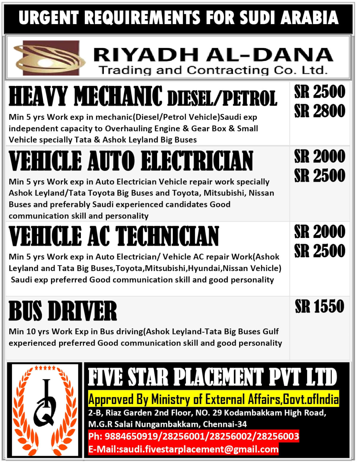 URGENTLY REQUIRED FOR SAUDI ARABIA
