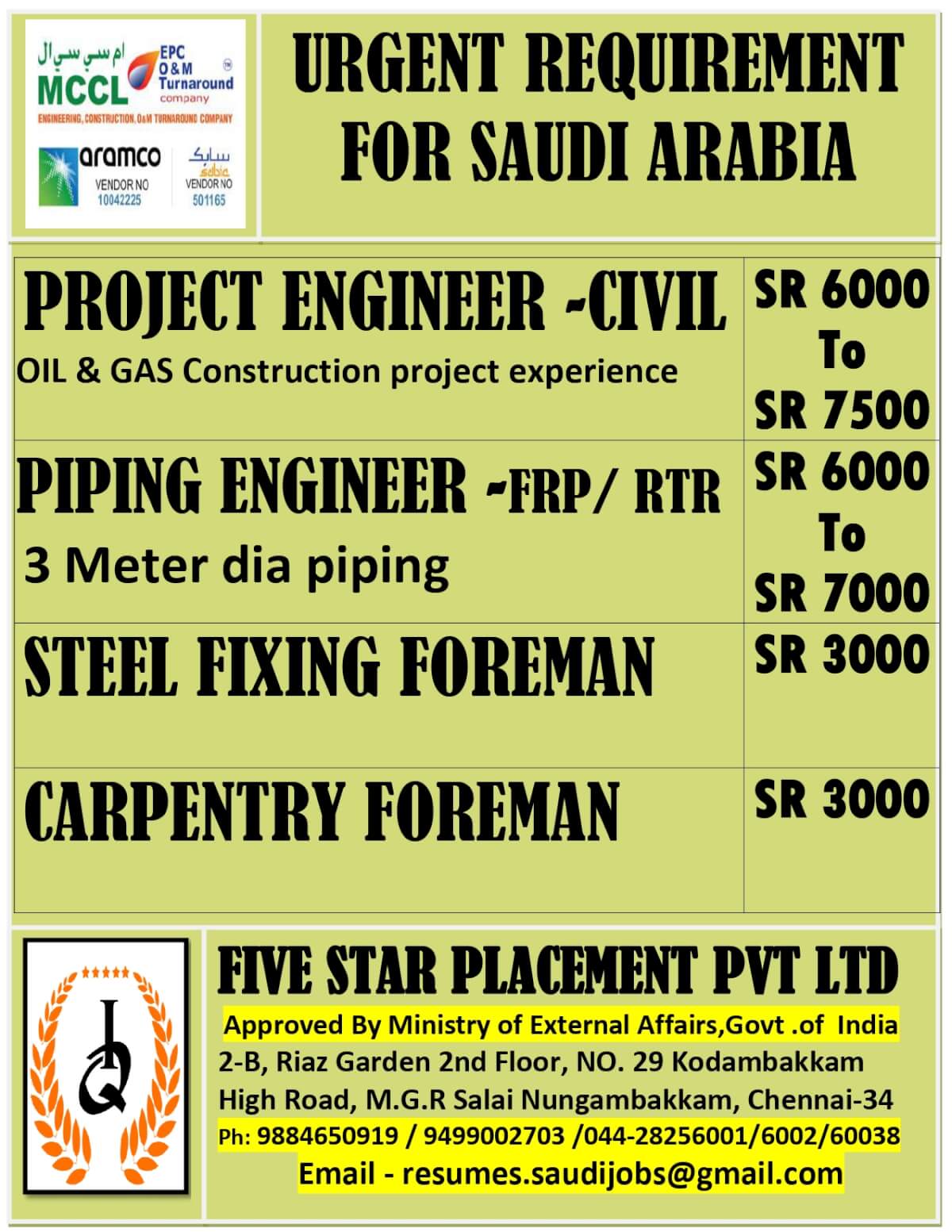 URGENTLY REQUIRED FOR SAUDI ARABIA