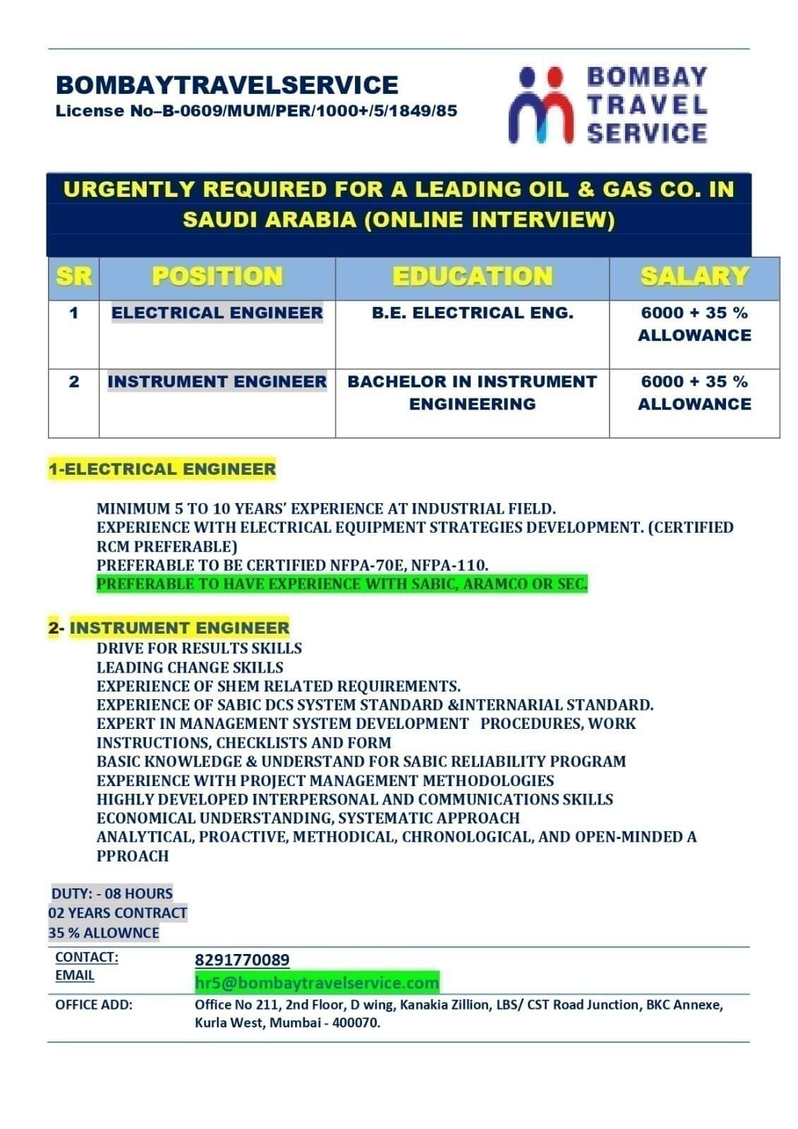 URGENTLY HIIRNG INSTRUMENT ENGINEER FOR SAUDI ARABIA
