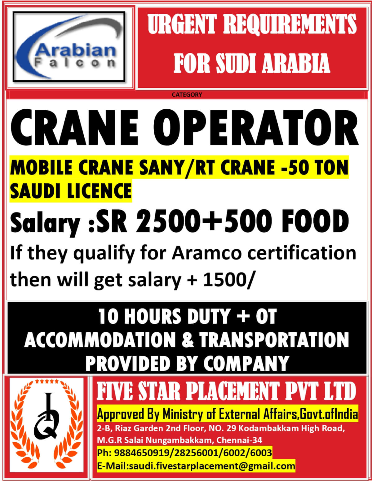URGENTLY REQUIRED FOR SAUDI ARABIA