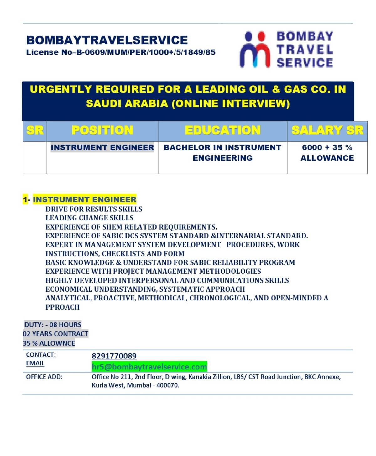URGENTLY HIRING INSTRUMNET ENGINEER FOR SAUDI ARABAI
