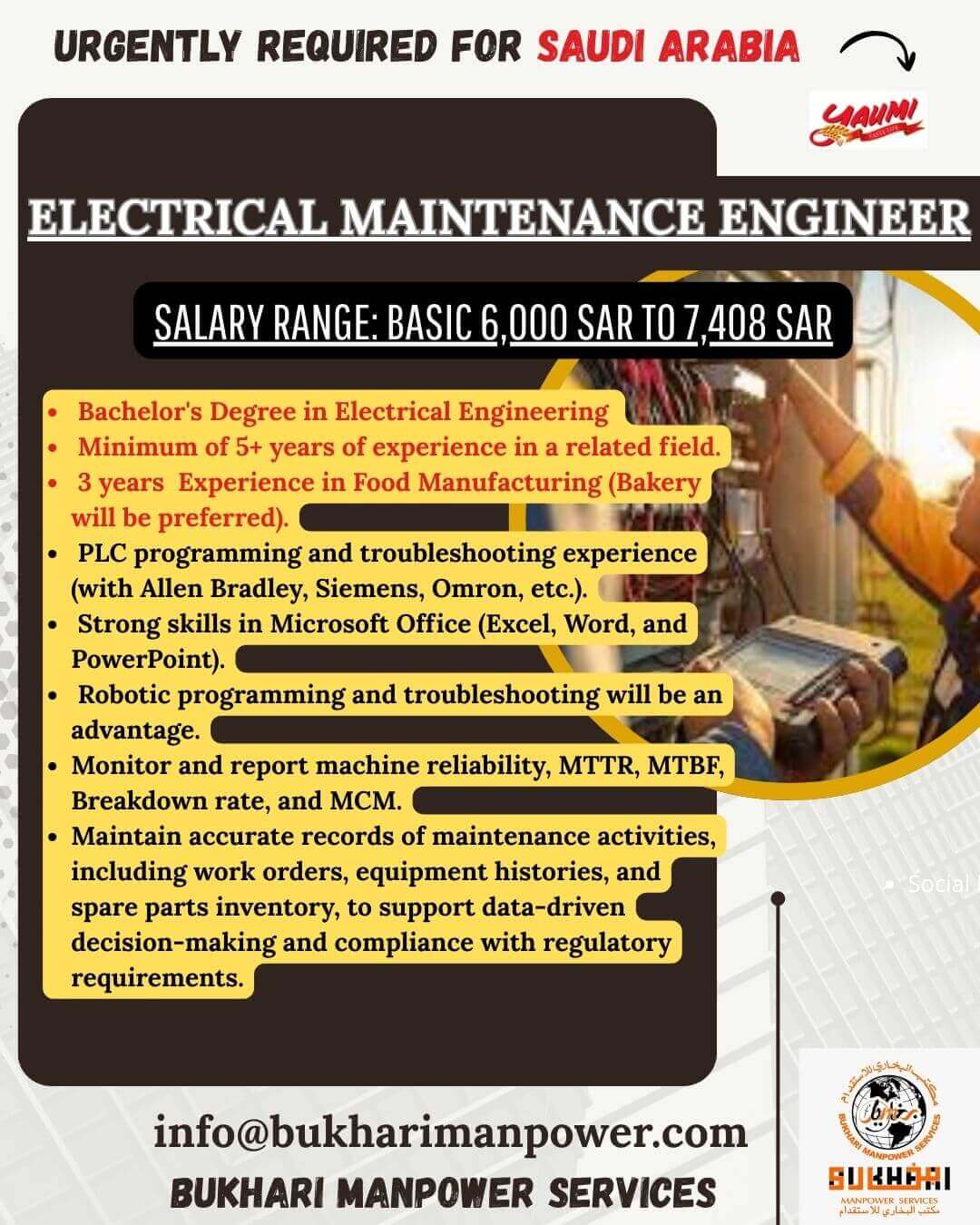 URGENTLY REQUIRED FOR SAUDI ARABIA - ELECTRICAL MAINTENANCE ENGINEER