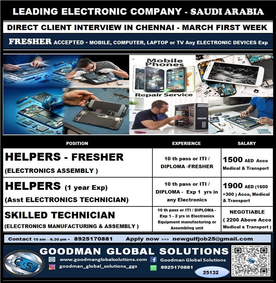 SAUDI ARABIA - LEADING ELECTRONIC COMPANY (LONG TERM)  DIRECT CLIENT  INTERVIEW IN CHENNAI @ FEB LAST WEEK