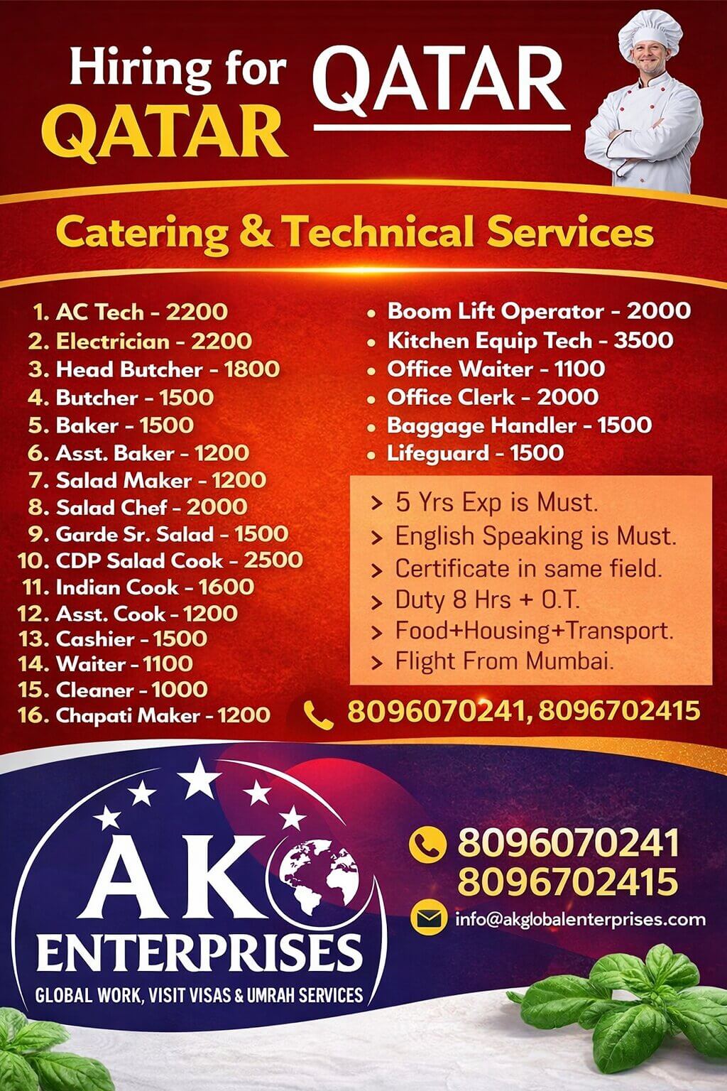 Caterings Services-Qatar Requirement