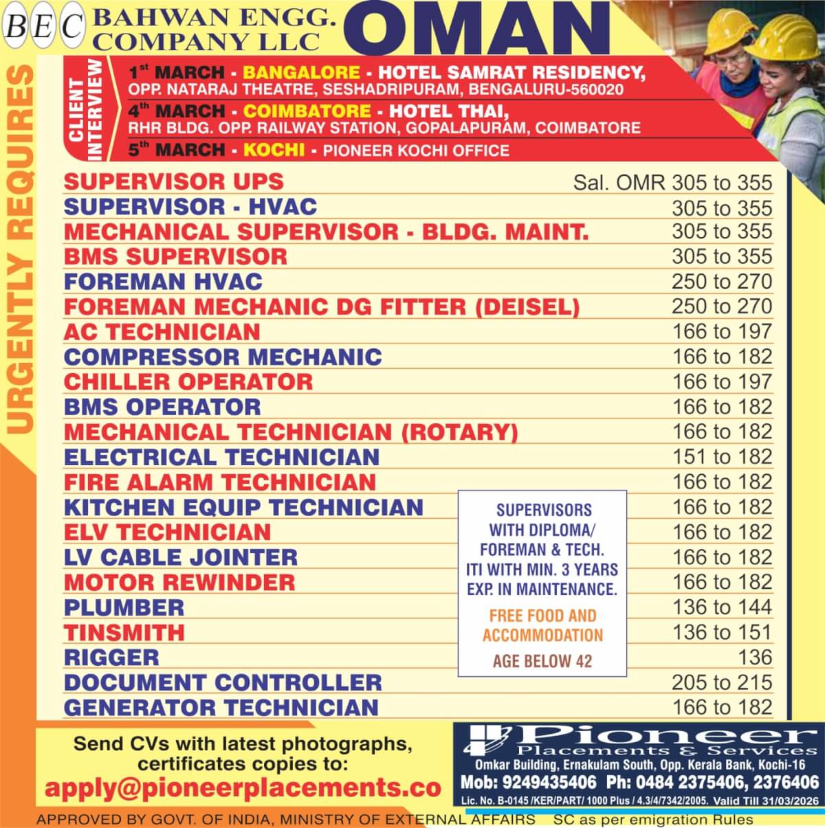 SUPERVISORS AND TECHNICIANS - Facility Maintenance