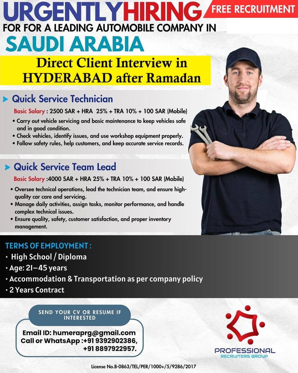 Urgent Hiring – Saudi Arabia - Direct client interview in Hyderabad after Ramadan.
