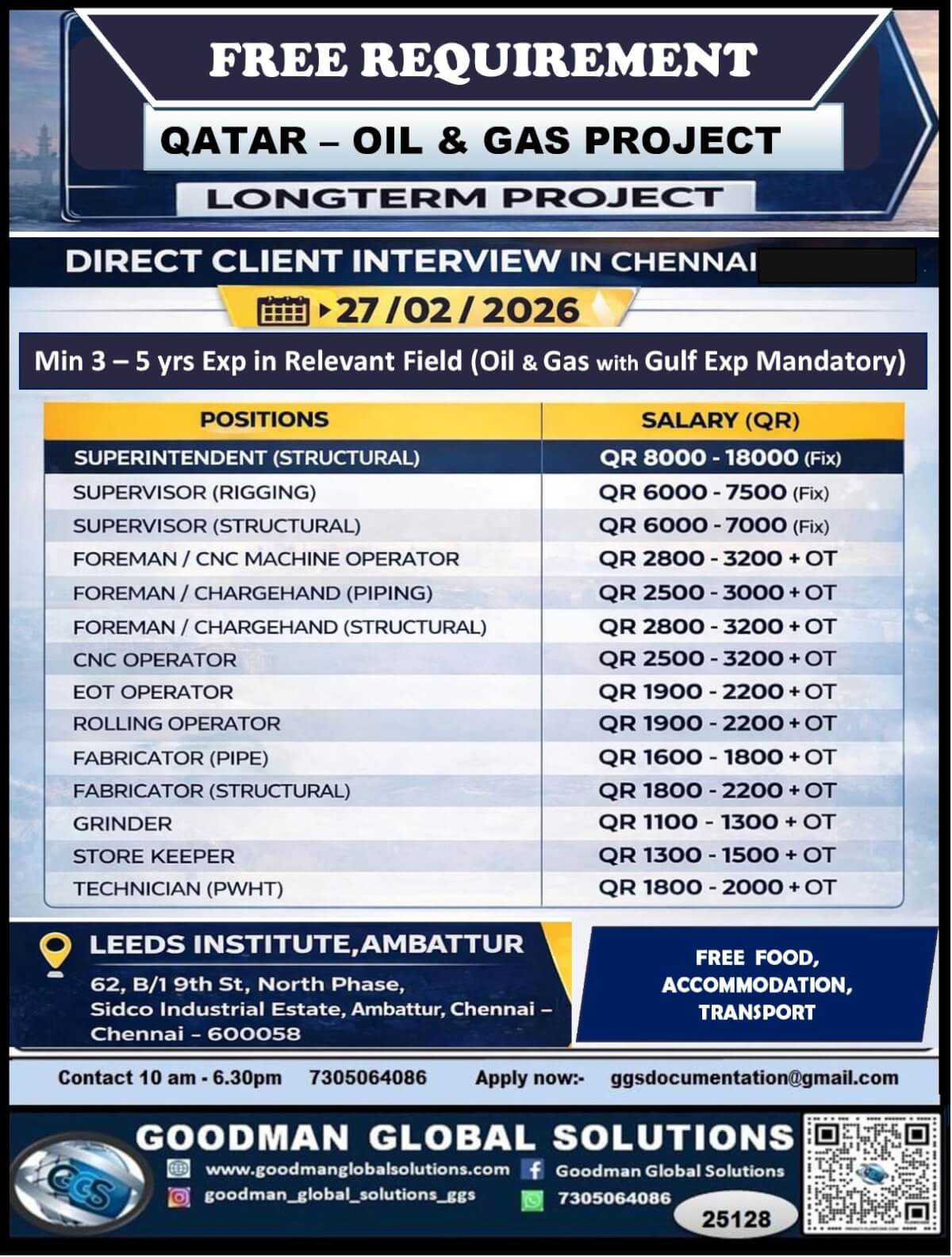 FREE REQUIREMENT - QATAR - LONG TERM - OIL & GAS PROJECT DIRECT CLIENT INTERVIEW IN CHENNAI @ 27-02-2026 FREE REQUIREMENT - QATAR - LONG TERM - OIL & GAS PROJECT DIRECT CLIENT INTERVIEW IN CHENNAI @ 27-02-2026