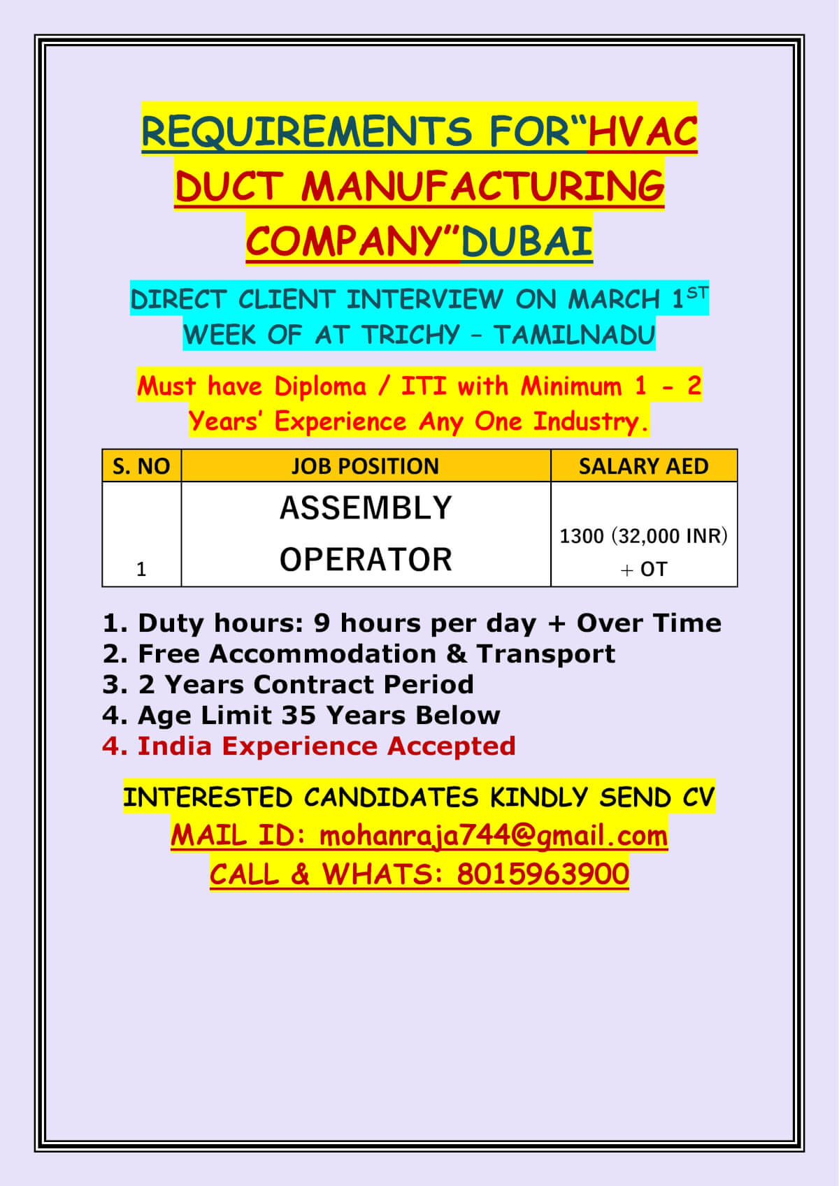 REQUIREMENTS FOR“HVAC DUCT MANUFACTURING COMPANY”DUBAI REQUIREMENTS FOR“HVAC DUCT MANUFACTURING COMPANY”DUBAI