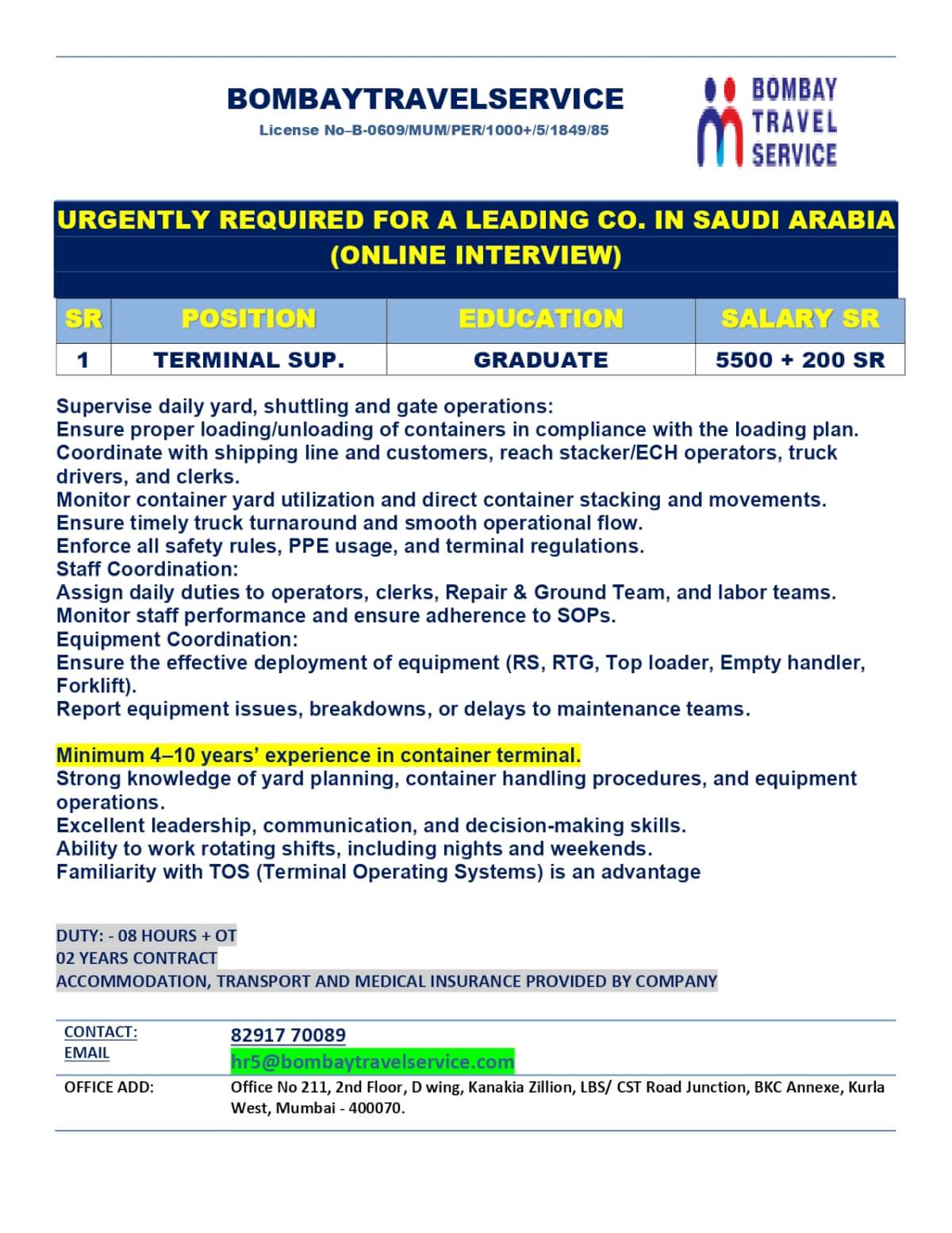URGENTLY HIRING TERMINAL SUP. FOR SAUDI ARABIA