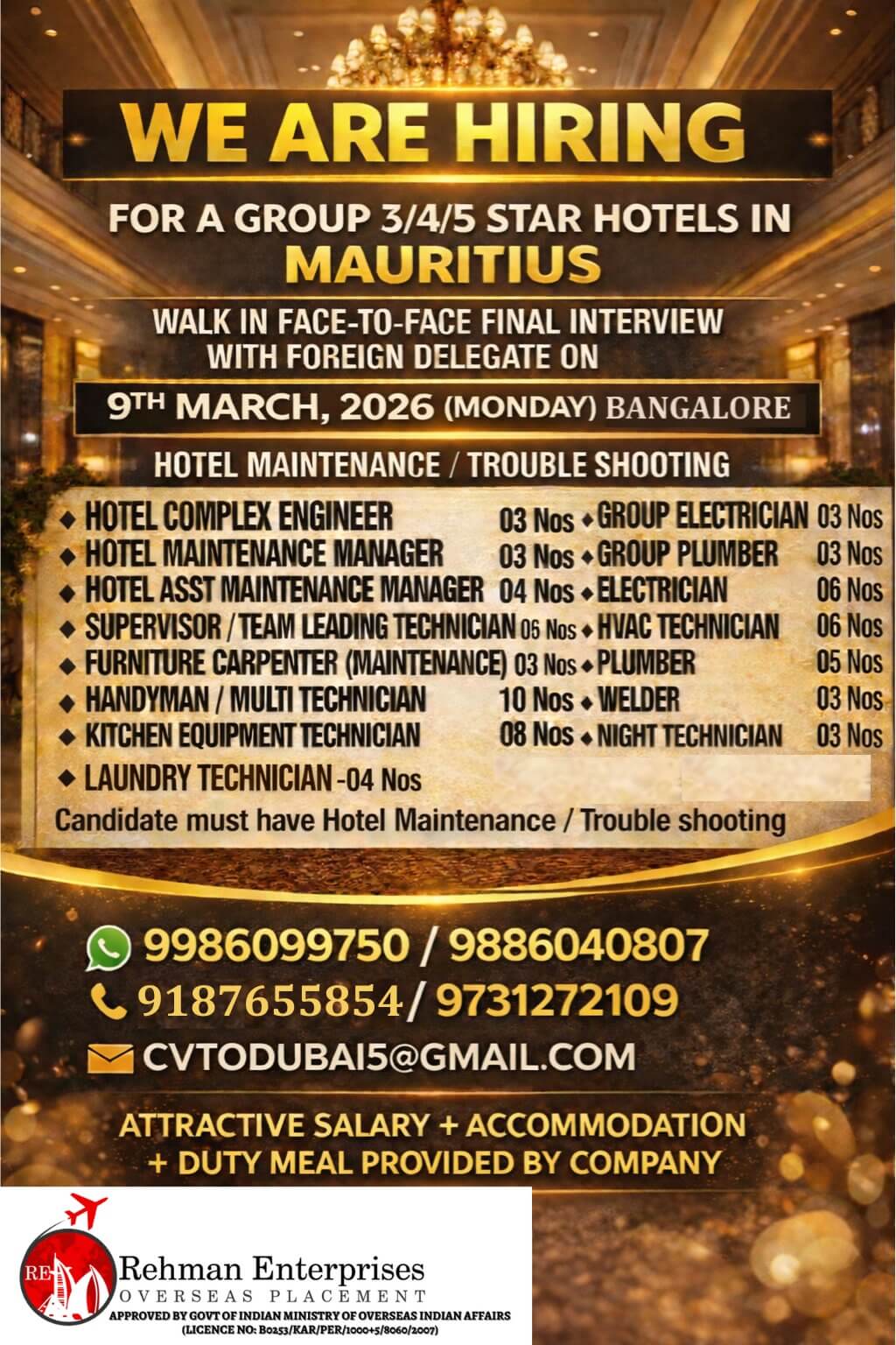 HIRING FOR MAURITIUS