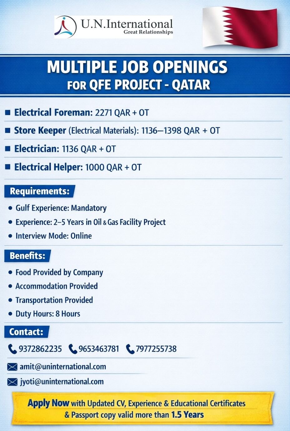 Multiple Job Openings – QFE Project, Qatar Multiple Job Openings – QFE Project, Qatar