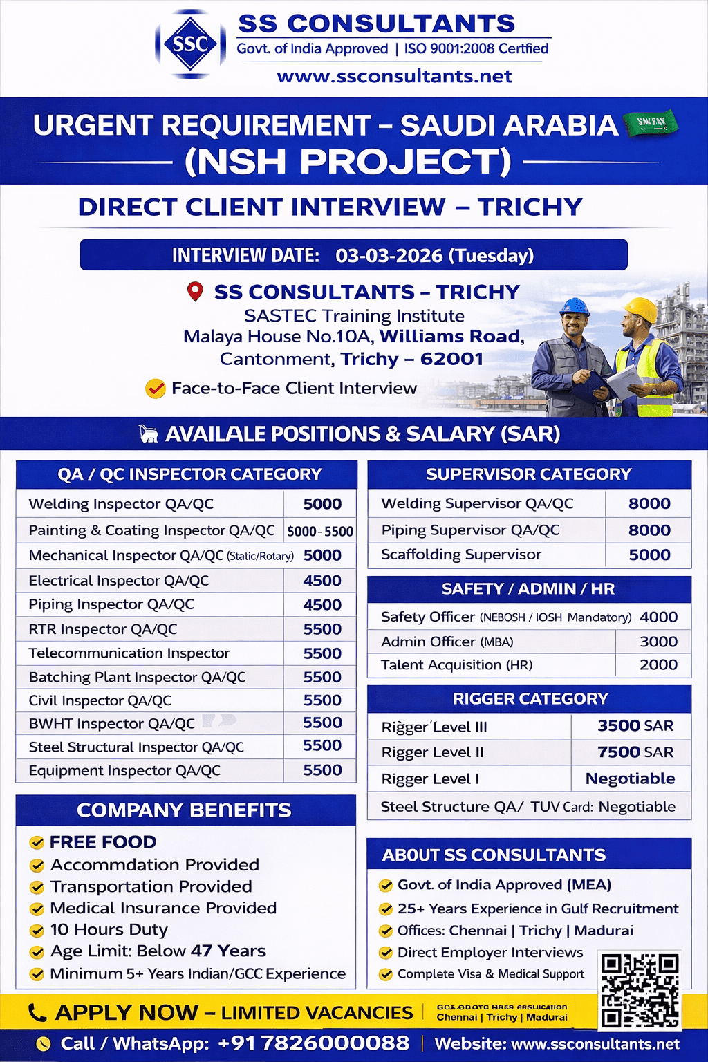 Saudi Arabia NSH Project Jobs 2026 | QA QC Inspector, Supervisor, Rigger Vacancies | Direct Client Interview in Trichy | SS Consultants