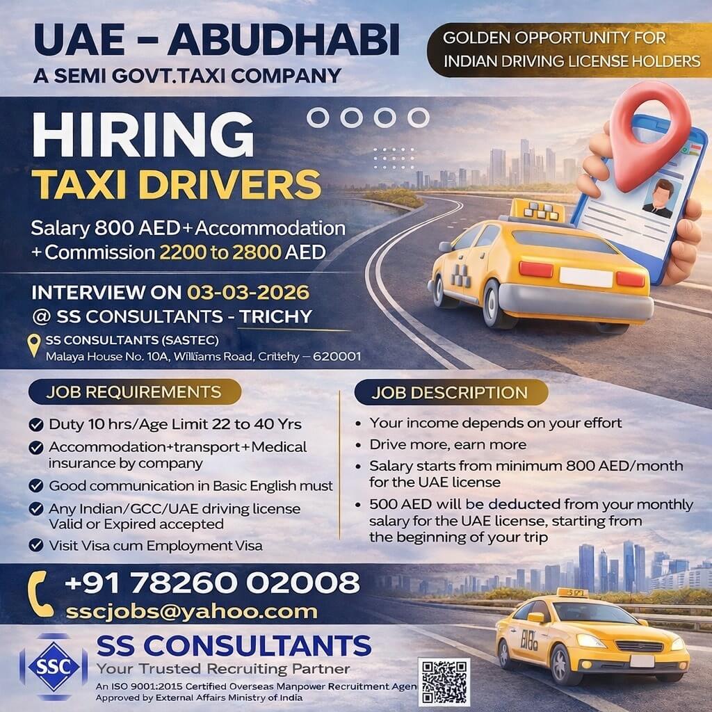 UAE Taxi Driver Jobs in Abu Dhabi 2026 – 2800 AED Salary + Free Accommodation | Direct Interview in Trichy